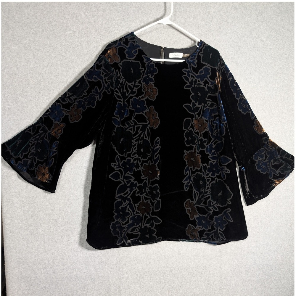 Calvin Klein 3X Top Black Velvet Burnout Floral Bell Sleeve Dark‎ Floral Gothic